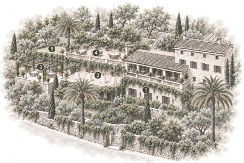 Croquis de Can Quet Deià visto desde el exterior, con los cinco espacios numerados